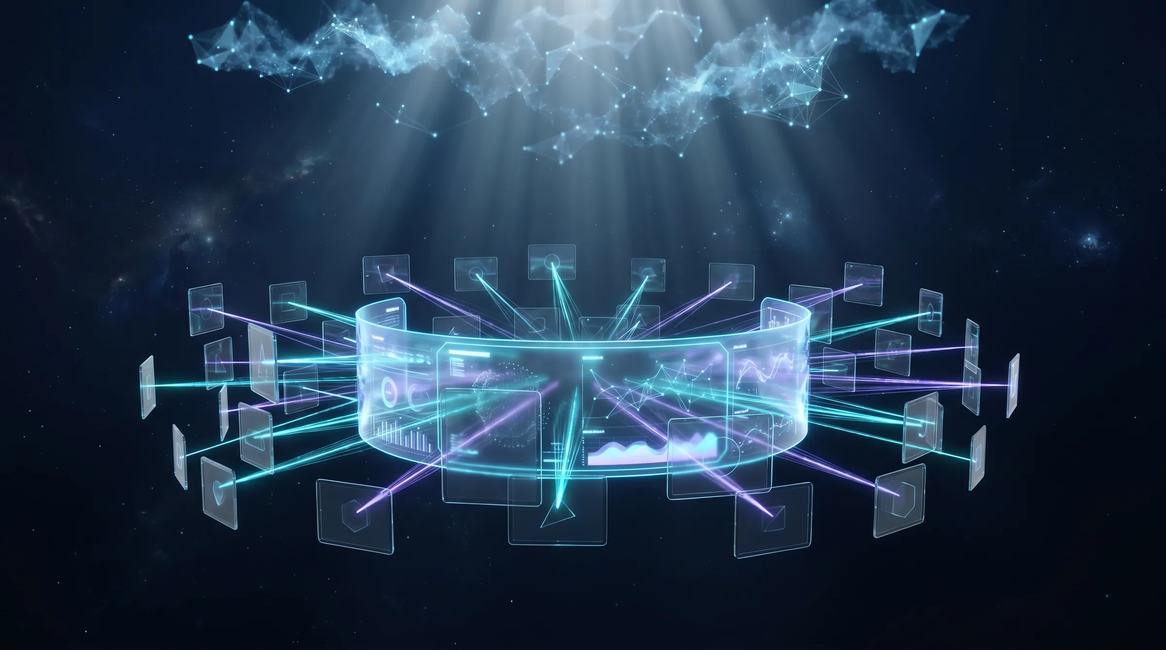 VCINC digital talent command center showing AI routing across floating candidate cards, cloud architecture and an enterprise dashboard