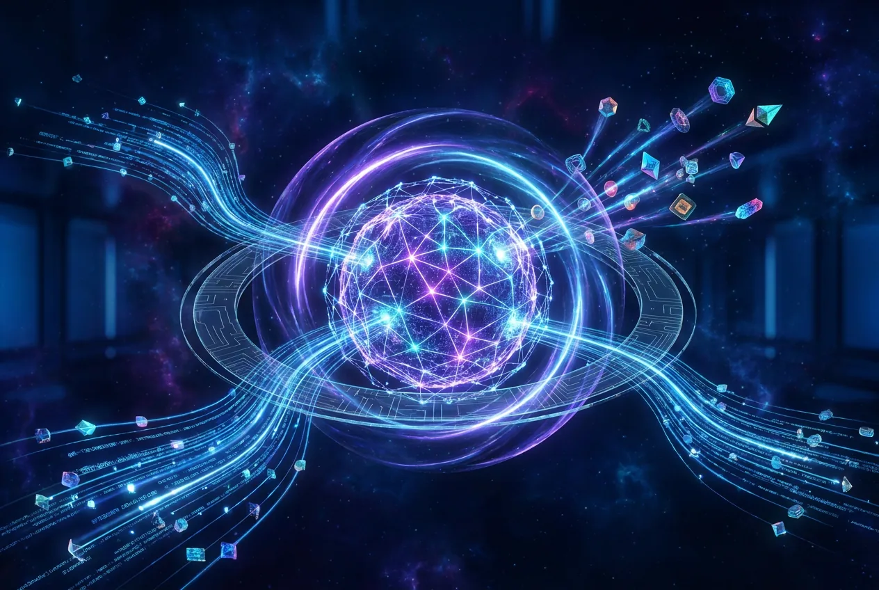 An AI orb surrounded by orbiting data pipelines and embedding tokens