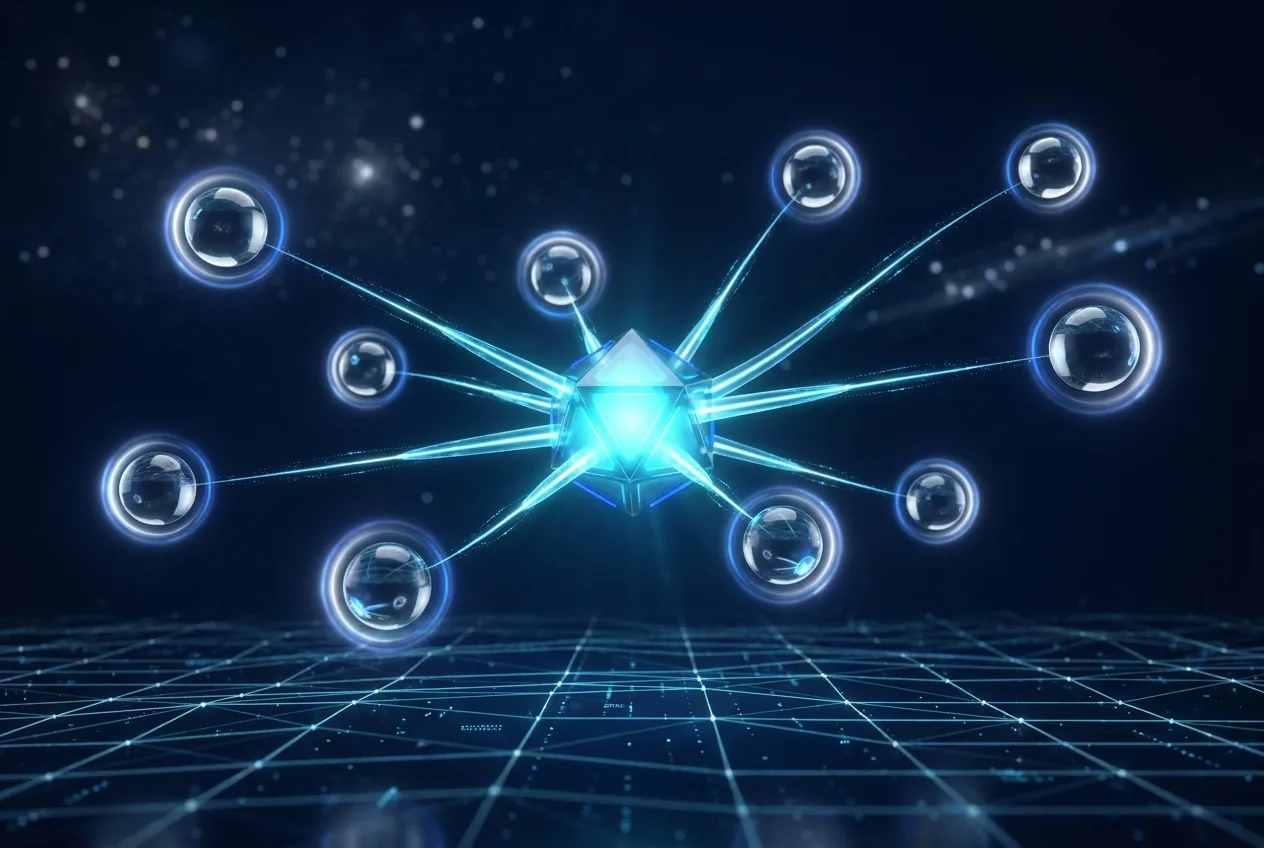 IT staffing network — verified talent nodes routed through a central VCINC hub